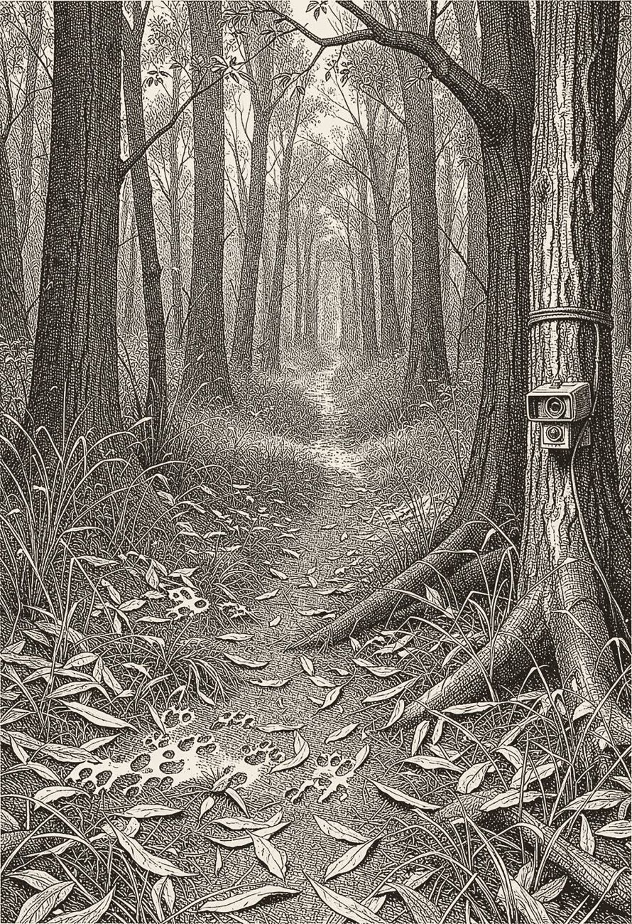 Engraving: an empty forest path