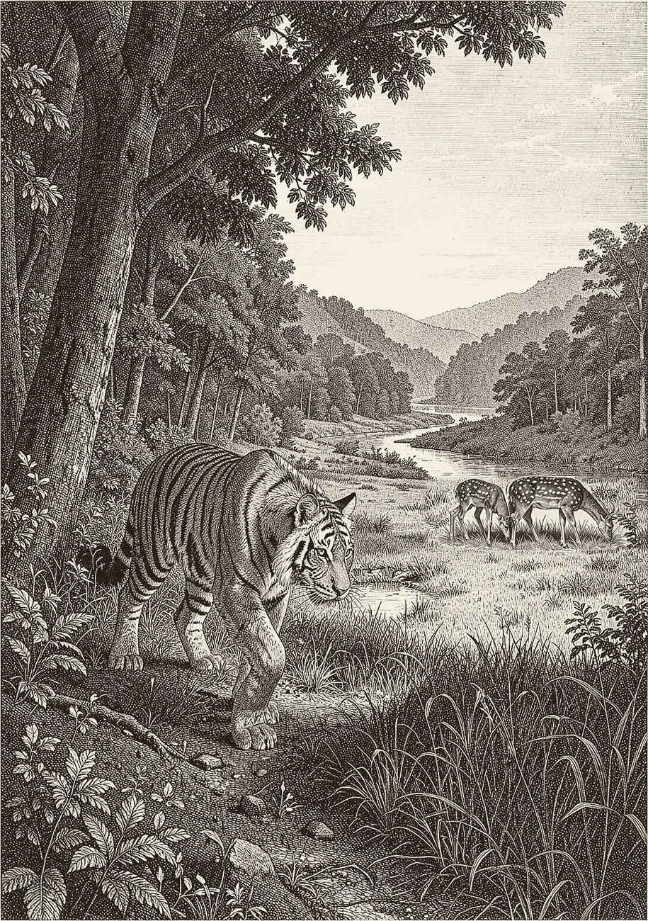 Engraving of a tiger walking out of the forest towards a river valley where chital graze