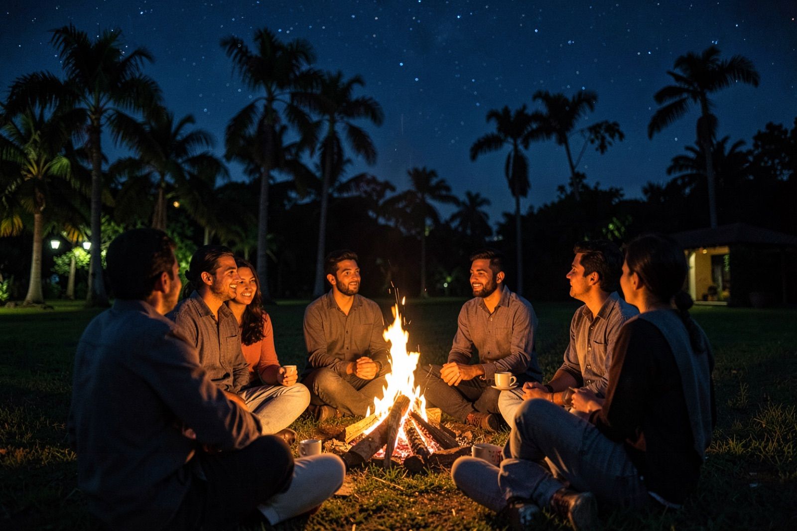 A bonfire on the lawn at night