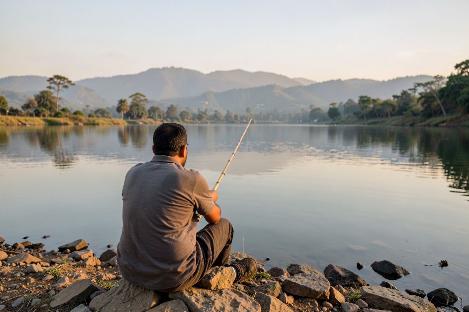 Fishing from a lake bank