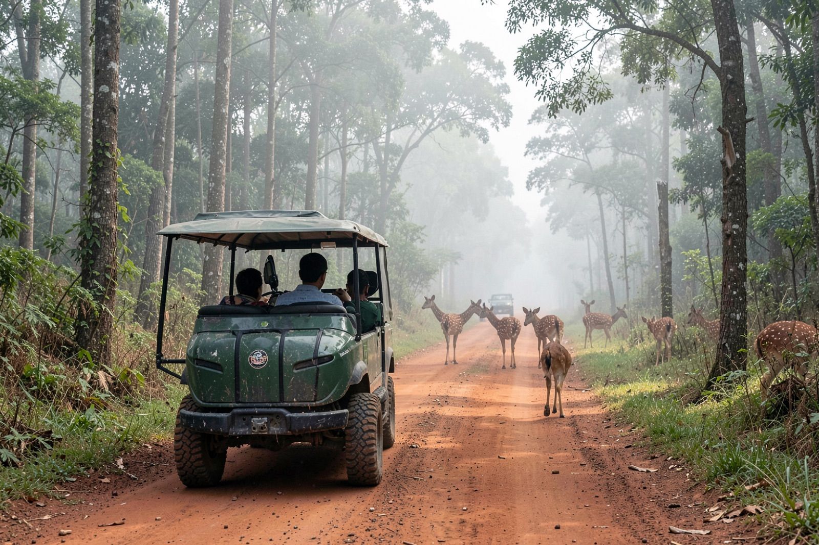 A safari jeep on a forest road