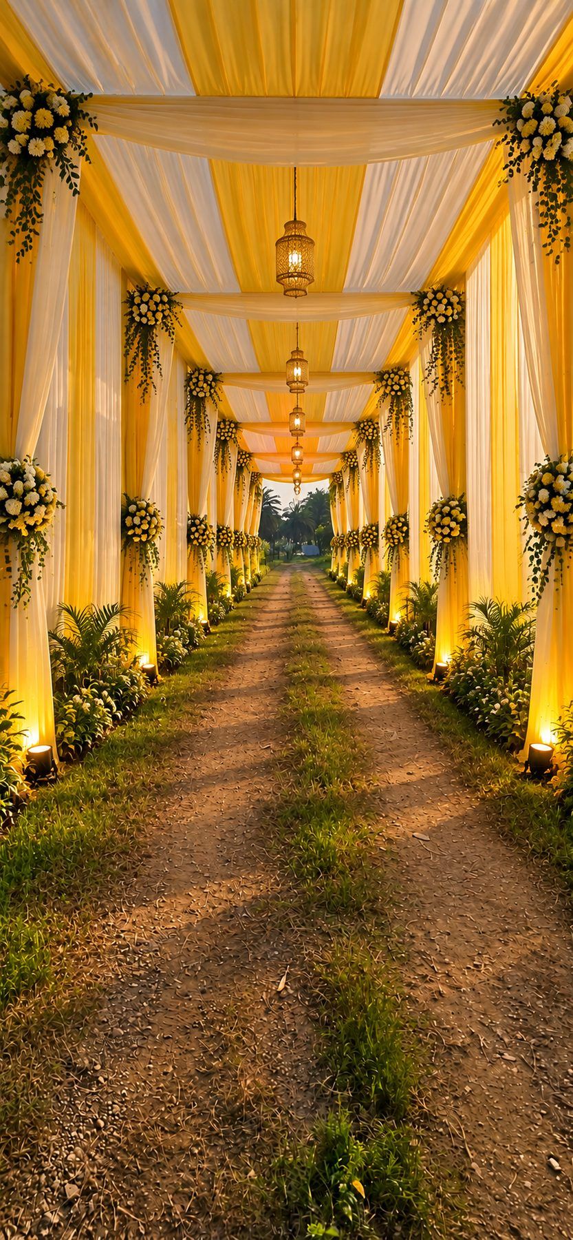 A canopied walkway of yellow and white drapes