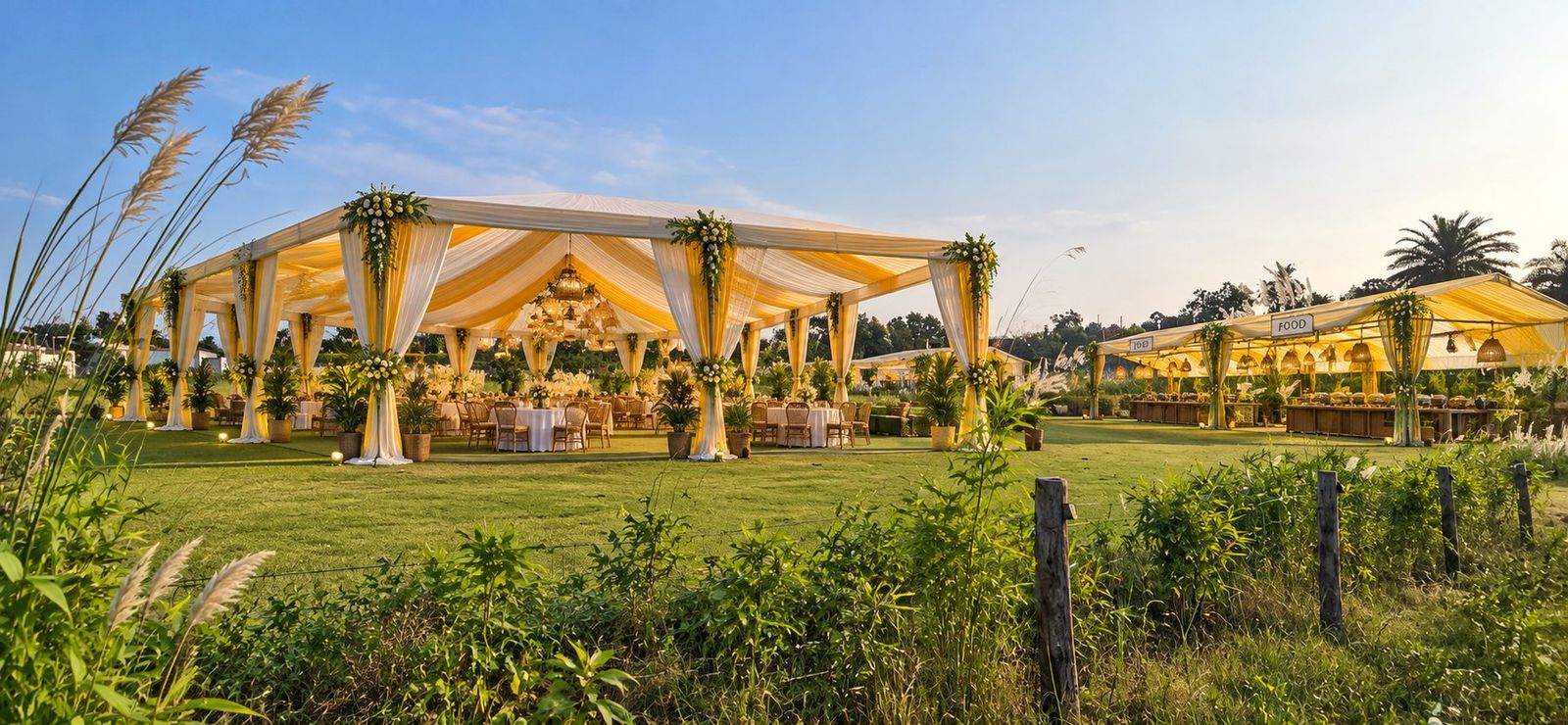 A wedding marquee on the lawn, kans grass in the foreground