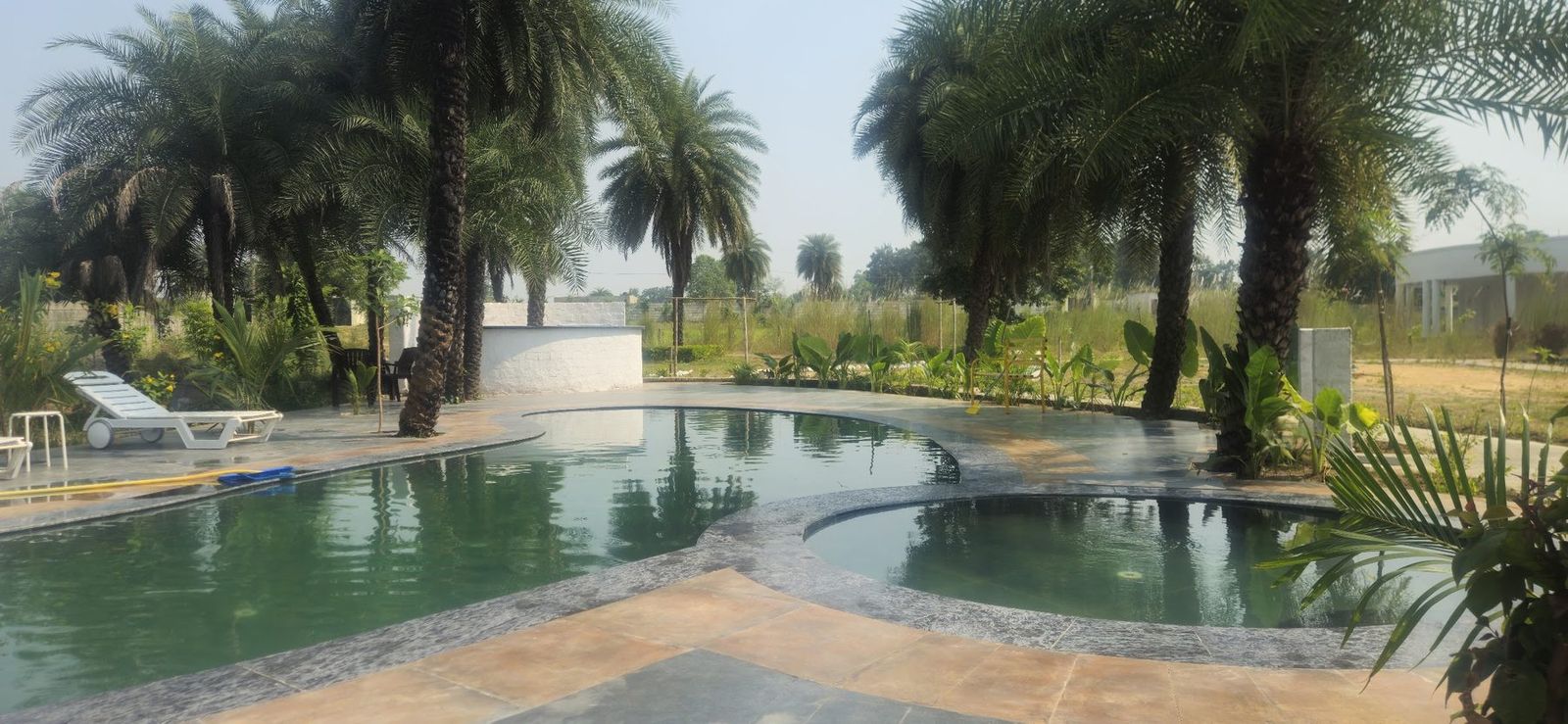 The pool and its round shallow pool among date palms by day