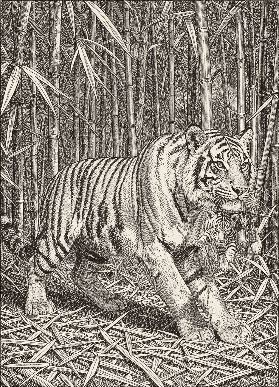 Engraving of the tigress Jhumri carrying a cub