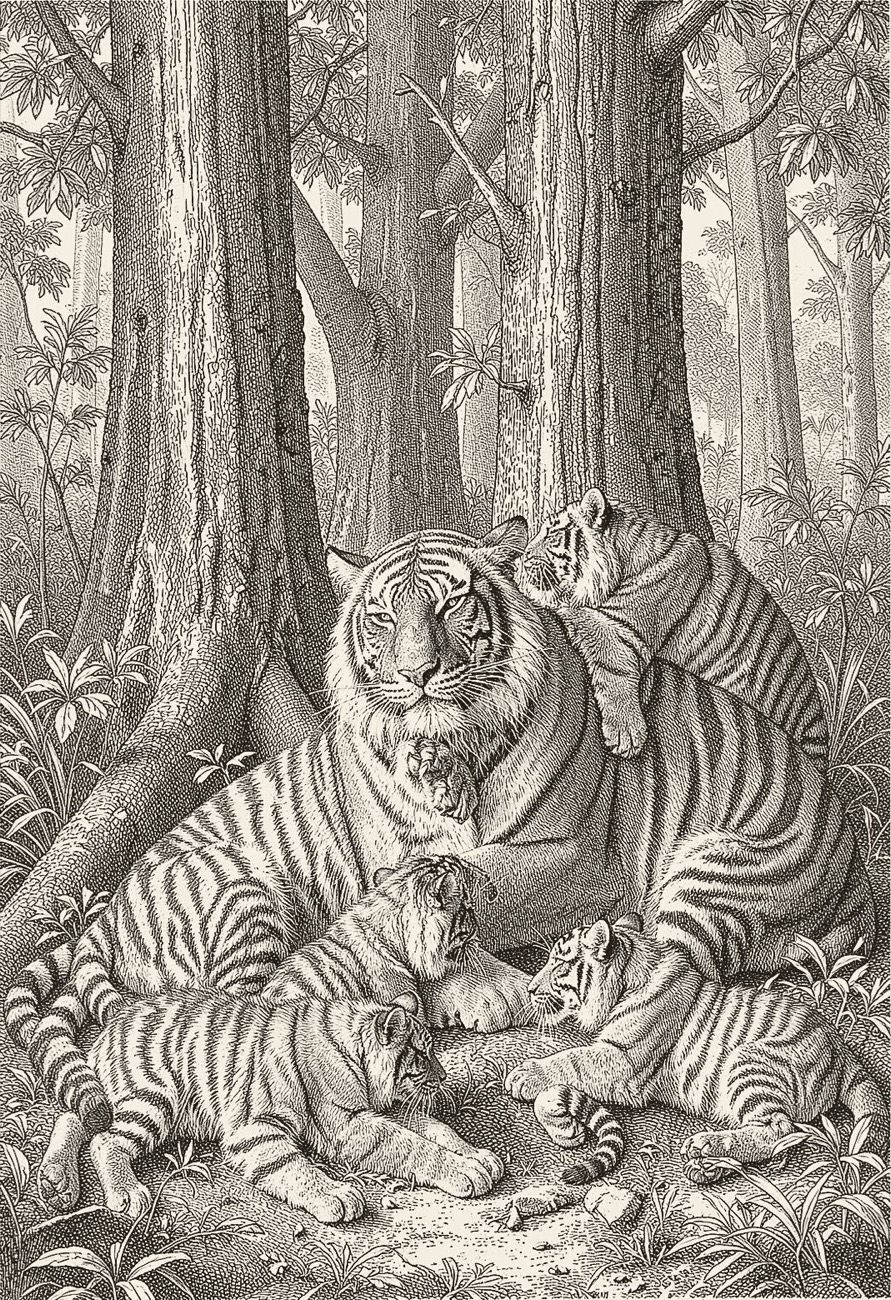 Engraving of the tigress Mausi Maa with cubs
